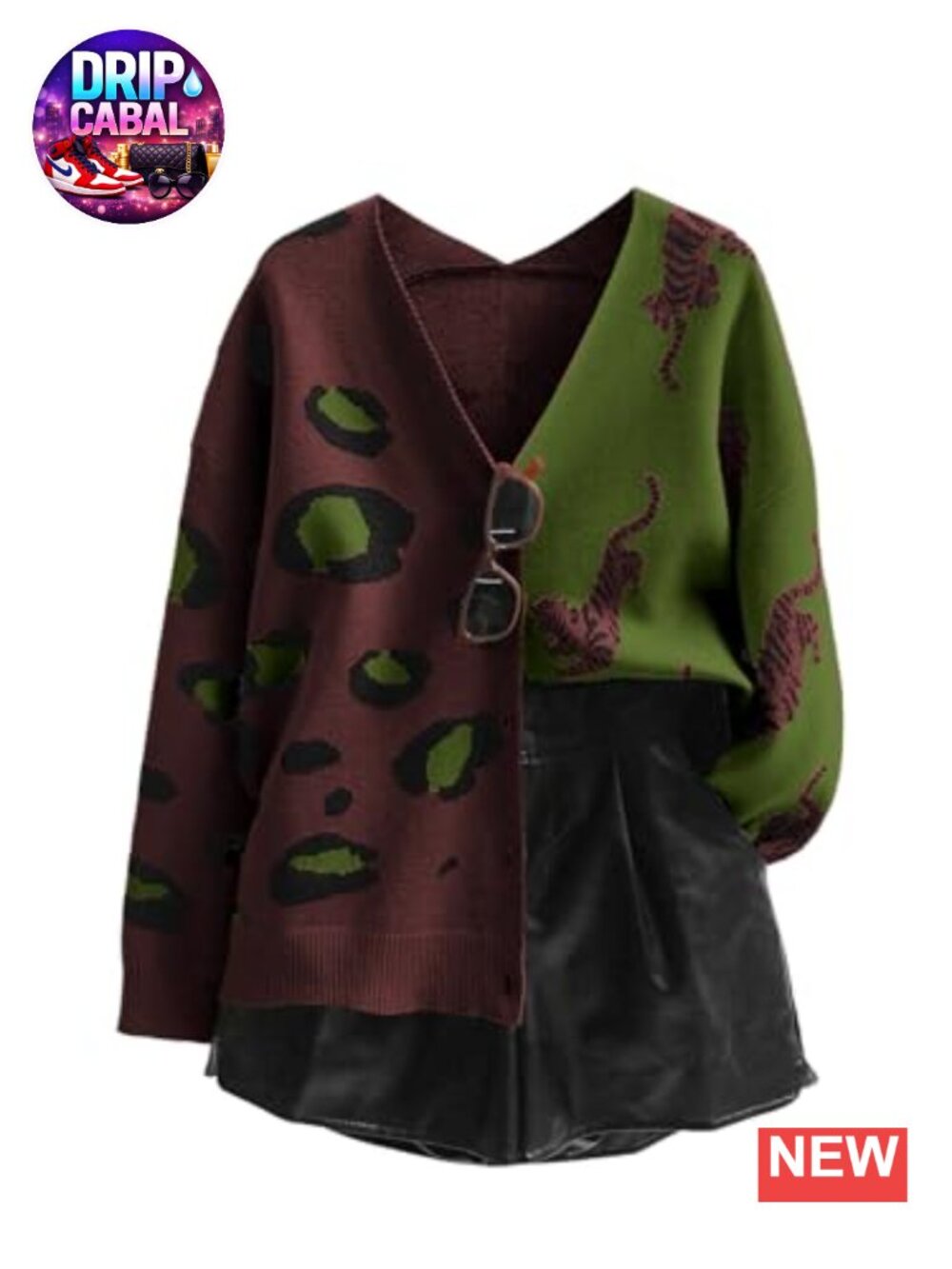 Chunky V-Neck Cardigan Leopard Print Long Sleeve Buttons